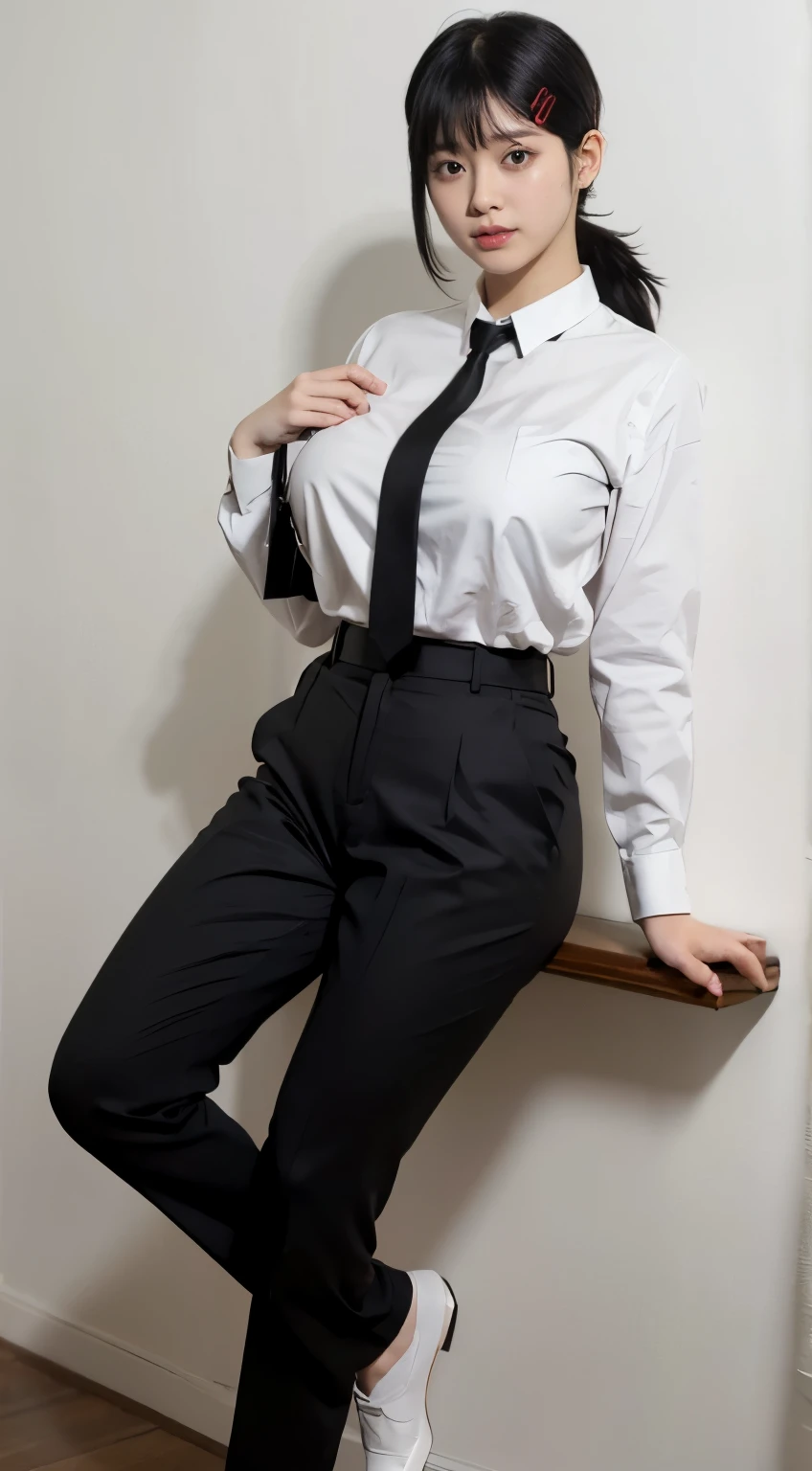 Highest quality、Ultra-high resolution、Professional Lighting、Detailed Background、workroom、whole body,Kobeni-chan、A sloppy smile、25-year-old woman、beautiful girl、(Kobeni-chan、Jet Black Hair, Black Hair, bangs, One-sided hair,)、(Red Hair Clip:1.1)、(White shirt:1.2)+(Black tie:1.2)+(Black work trousers:1.2)、(Breasts so big that they almost burst:1.2)、(Thick thighs:1.1)、Are standing、Model pose
