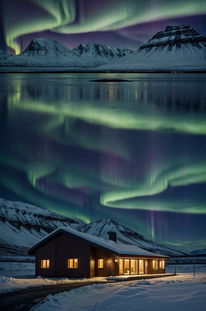 House in the mountains of Iceland with northern lights, 4K,good quality