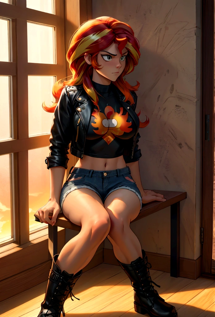 Sunsethuman, Sunset Shimmer, Sunset Shimmer from my little pony, Sunset Shimmer in the form of a girl, big breasts, lush breasts, voluminous breasts, firm breasts, five fingers, detailed hands, two hair tones, red and yellow hair, solo, one character, angry sitting on the floor, legs crossed, black leather jacket, orange croptop, underboob, short denim shorts, black boots, kicking in door