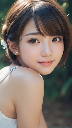 masterpiece:1.3), (8K, Realistic, RAW Photos, Best image quality: 1.4), Japanese women、Baby Face、(Random Hairstyles:1.2)、Highly detailed face、Attention to detail、double eyelid、Beautiful woman:1.4、Light brown hair、Highest quality、masterpiece、Ultra-high resolution、(Realistic:1.4)、Smile with professional lighting and attention to detail、Loose、thin、short hair、Deadly position、Full body image、 town、