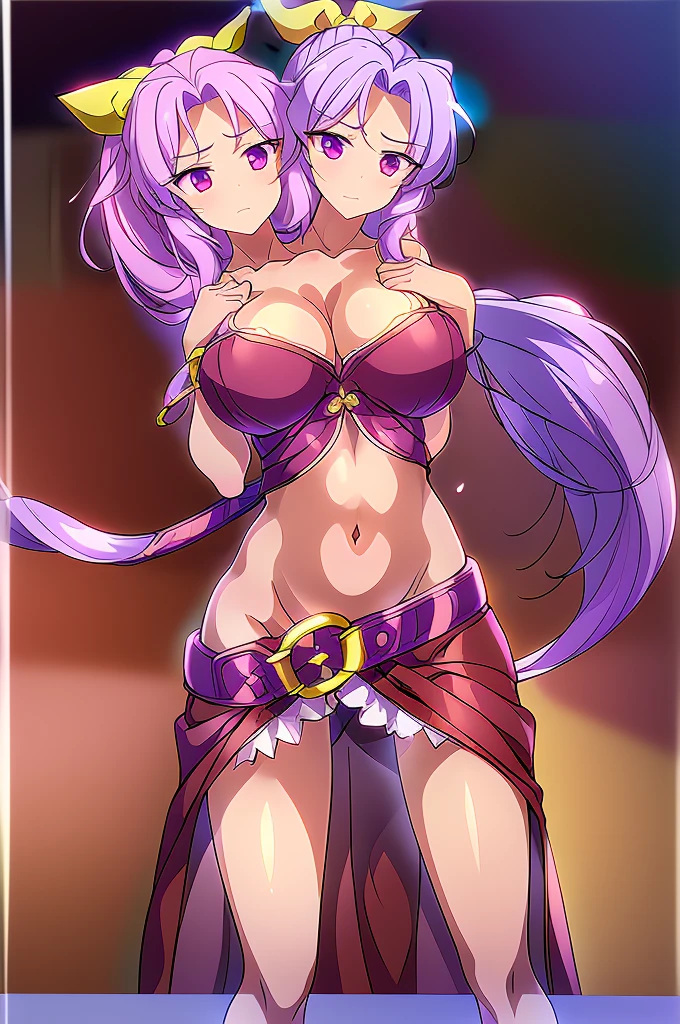 (masterpiece, best quality), best quality, (ultra-detailed), (3heads:1.5), 1girl, (watatsuki no yorihime:1.3), masterpiece, best quality, ultra quality, ultra resolution, ultra detail, dark red top, small crop top, ((stomach)), midriff, ((groin)), open midriff, dark red skirt, miniskirt, normal ears, shackles, light purple hair, tied into a ponytail, very long hair, wavy hair, sidelocks, purple eyes, parted lips, sweat, cute, open belly, toned belly, hand on own chest, eyelashes, (24 year old woman:1.3), (masterpiece:1.5), (best quality:1.5), (beautiful detailed), extremely detailed CG, extremely delicate and beautiful, depth of field, (finely detailed face), (perfect details:1.2), (mature female:1.3), wide pelvis, slender, large veiny breast, 16k resolution, highres, very high quality, very high definition, extremely detailed, masterpiece, light purple hair, long hair, alluring presence, braid, short skirt, close up, big tits, young, white bonnet, red bow, open belly, midriff, nsfw,