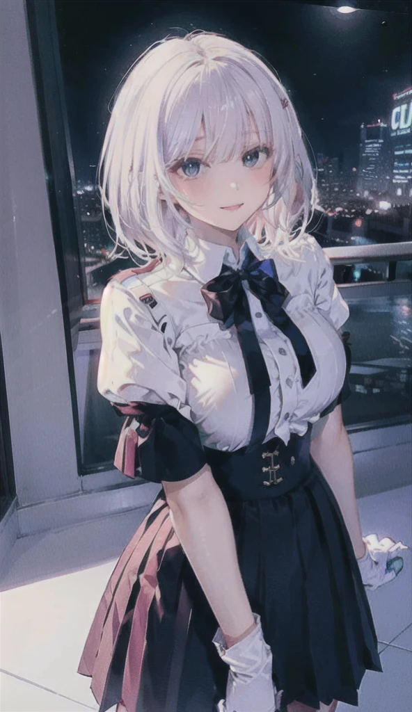 (8K, RAW photos, best quality, masterpiece:1.2), (Practical, photo-Practical:1.37), Extremely detailed,
1 girl,Lovely, Solitary,Beautiful and detailed sky,(Red and swollen nose),(Smile:1.1),(Shut up),Large Breasts, seductive Smile, Big Apartment, Professional lighting, Sony A7R4, Jersey 50mm F1.8,
Medium breasts,Beautiful and delicate eyes,(Collared shirt:1.1), bow tie,Pleated Skirt,(short hair:1.2),Flowing hair ，Long hair，White gloves，Eyes with highlights，