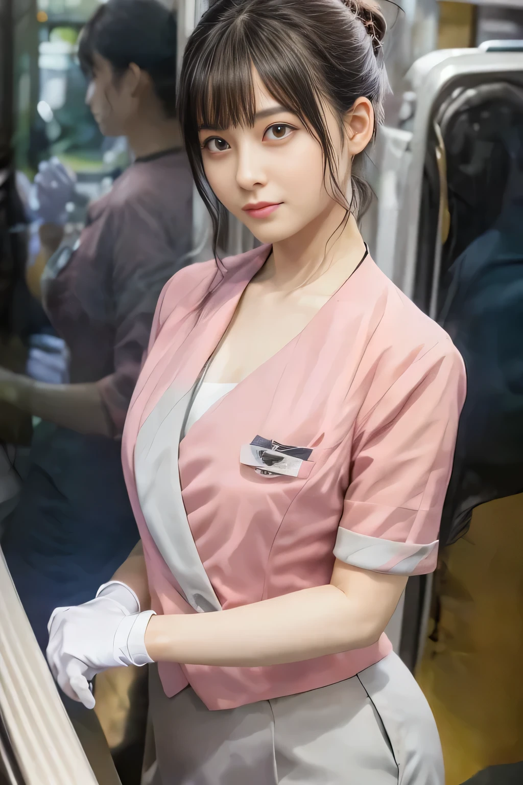 (masterpiece:1.2, Highest quality:1.2), 32k HDR, High resolution, (alone、1 girl)、 (Height: 160cm)、(On the rooftop of a building in the daytime、Professional Lighting)、Building rooftop background、(Nankai train crew uniform pinkを着たリアルスタイル)、(Nankai train crew uniform pink short sleeve collarless pink jacket、Nankai Train Crew Uniform Pink Collarless Short Sleeve Blouse、Nankai Train Crew Uniform Pink Grey Knee-length Culottes)、(The pink jacket is showing from the culottes.)、Dark brown hair、(Hair tied up、Hair tied up、Evening curly hairstyle)、Dark brown hair、Long Shot、Big Breasts、Thin legs、((Great hands:2.0)),((Harmonious body proportions:1.5)),((Normal limbs:2.0)),((Normal finger:2.0)),((Delicate eyes:2.0)),((Normal eyes:2.0)))、smile、(Nankai Train Crew Uniform Pink Grey Knee-length Culottesを見せた美しい歩く姿)、Place your hands around your stomach