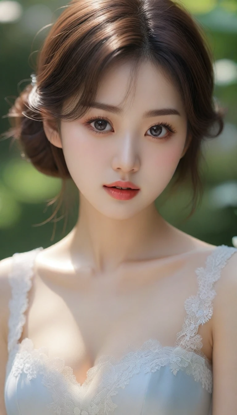 best quality, 4K,8K,realistic, realistic, very detailed, very delicate and beautiful, raw photo, Japanese and Korean beauties,korean beauty,Wear JK, ,big bust,(beautiful detailed eyes,beautiful and delicate lips,Highly detailed eyes and face,long eyelashes), Short hair카락, happy expression, In a picturesque garden filled with sunlight. The quality of the work is top notch, 매우 상세한 기능과 realistic, realistic touch. Colors are vibrant,Lighting creates a warm atmosphere, dreamy atmosphere. Short hair, Show your waist, make the skirt visible