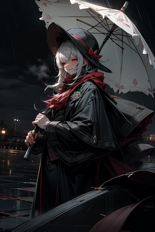 magician,Big umbrella,heavy rain,destruction,Crazy,darkness,smile,I'm sick,droid,horror style,artistic,rearistc,Black and grey world,perfect face,dark fantasy