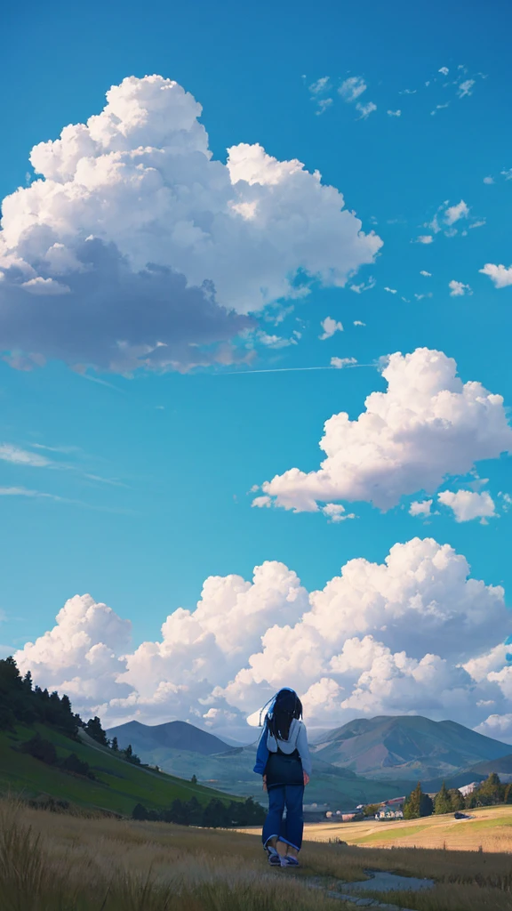 Blue sky with white clouds　top of the hill　Back view of a woman in casual clothes　An illustration