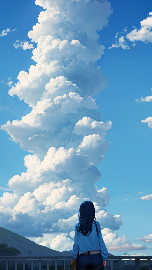 Blue sky with white clouds top of the hill Back view of a woman in casual clothes An illustration