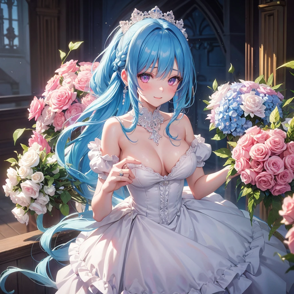 Sky blue hair, (Braided Ponytail),(Pink Eyes),Fair skin ,(whole body),(One girl),bride,A big smile,Straight bangs, 6月のbride,Wedding dress,(masterpiece, Highest quality, Very detailed, Best Shadow), (Detailed Background), (Beautifully detailed face), High Contrast, (Best lighting, Very delicate and beautiful), ((Cinematic Light)), colorful, Hyper Detail, Dramatic Light, Intricate details,Chapel background,Bouquet of roses,Ring on left ring finger,