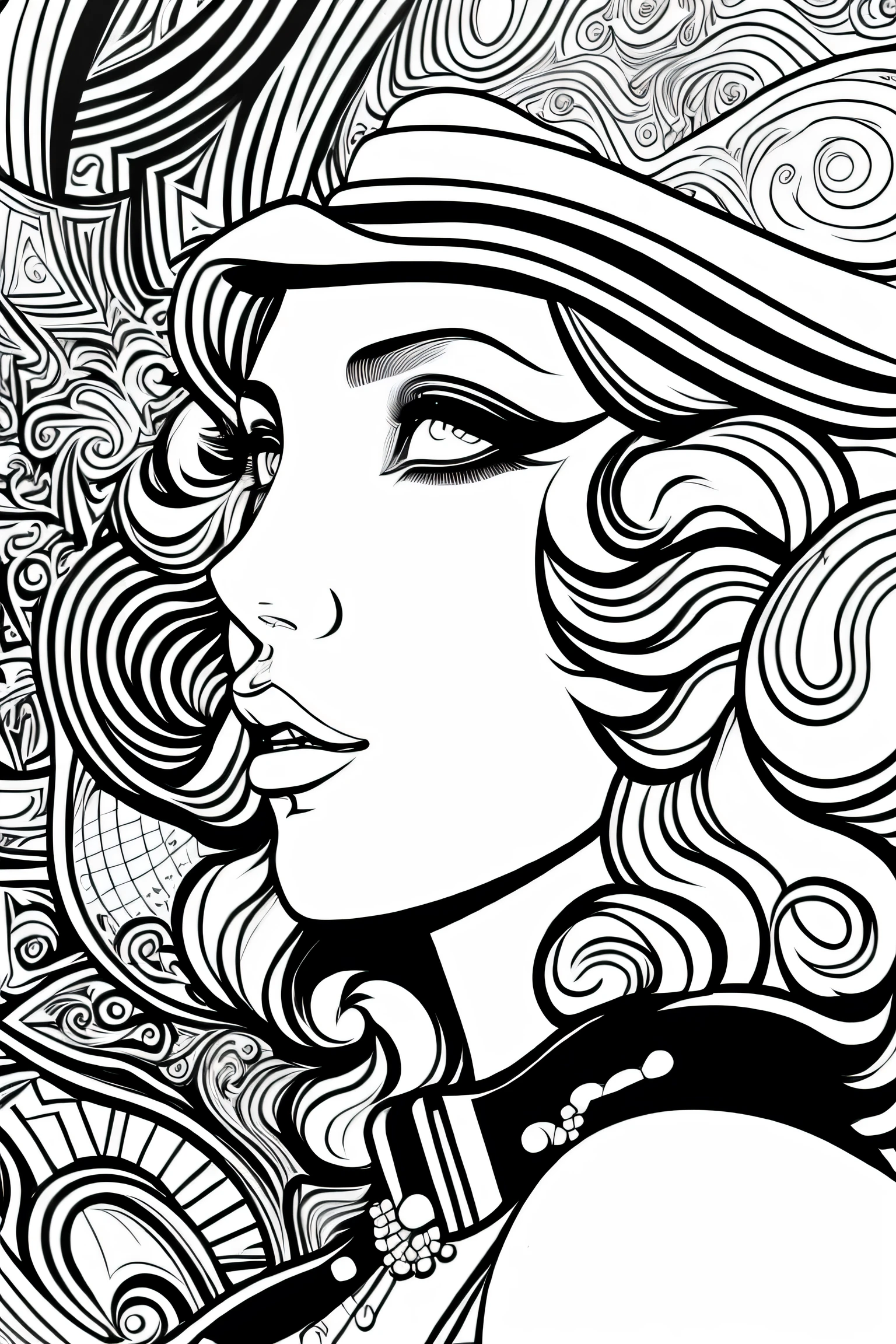 clean black and white only, coloring page for adults, simple cartoon like, beautiful cyberpunk woman, with hat, with beautiful eyes and full curly hair or straight hair, thick lines, low detail, flawless line art, --ar 9:11 art deco style