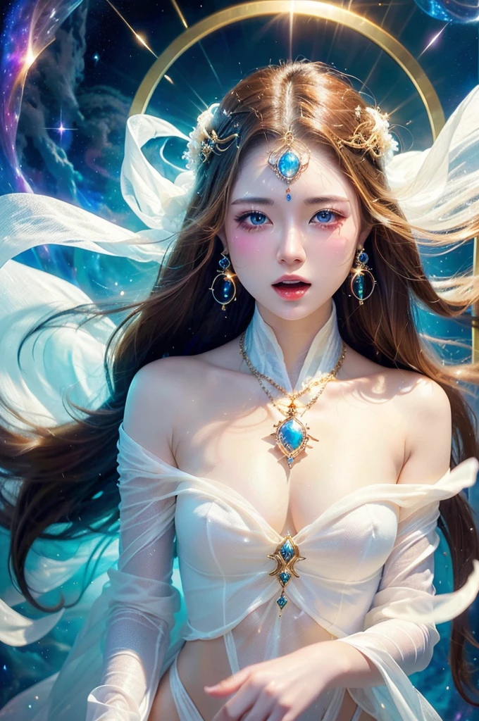 4K Ultra HD, masterpiece, A girl with a magical aura, Nice face, Long Hair, Shiny Hair, fine grain, Glossy Lips,, Aura around the body, Magical Effects, Spreading white light, Cosmic elements and ethereal atmosphere, A mix of bright lights and colorful nebulae, Space Background,, Whitening、(((Wearing white cloth 1.5)))、Hair and fabric blowing in the wind、(((See-through 1.5)))、(((Dynamic pose 1.4)))、Bust up photo、(((Feeling Ecstasy 1.85)))、、Luxurious earrings and necklaces、(((1.5)))、Brown Hair、Open your mouth