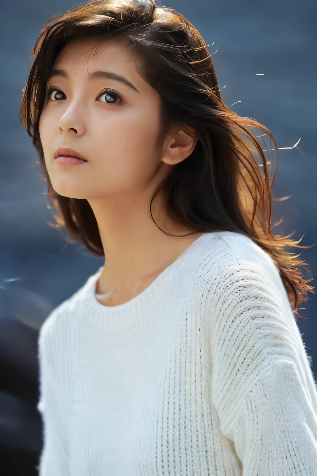 (knitwear), (top-quality, masterpiece:1.3, Super high resolution), (Photorealsitic:1.4, RAW shooting), Ultra-realistic capture, A highly detailed, high-definition 16K for human skin, Wistful, A skinny Japanese woman, 30 years old, cute face, ((Sadness face)), detailed face, detailed eyes, ((correct anatomy)), A dark-haired, Middle hair, ((Background of the sea in a starry night)), (((looking up afar at starry sky))), hair blowing in the wind