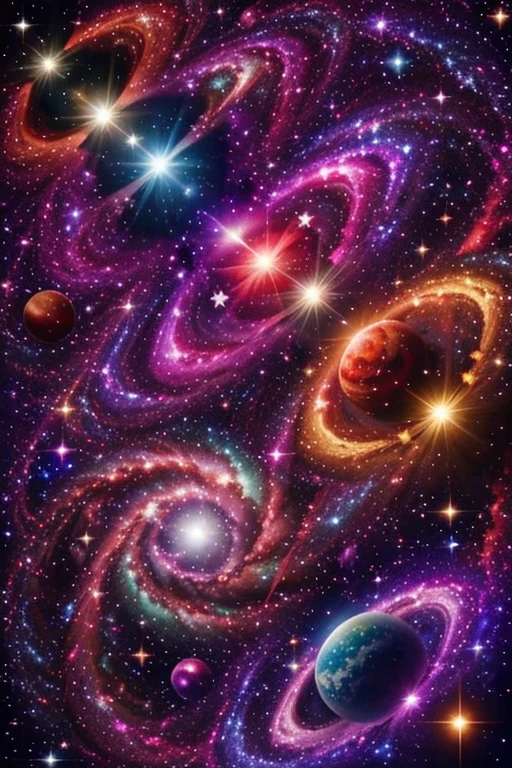 Image of the cosmos, with galaxies, multicolored stars and planets, sparkling.