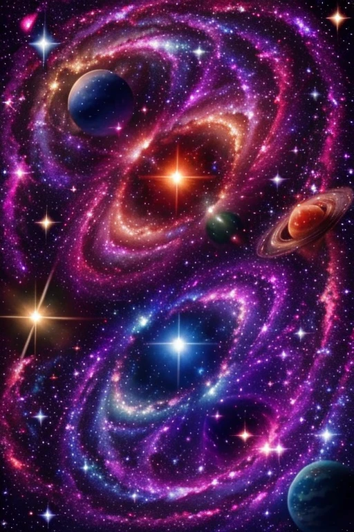 Image of the cosmos, with galaxies, multicolored stars and planets, sparkling.