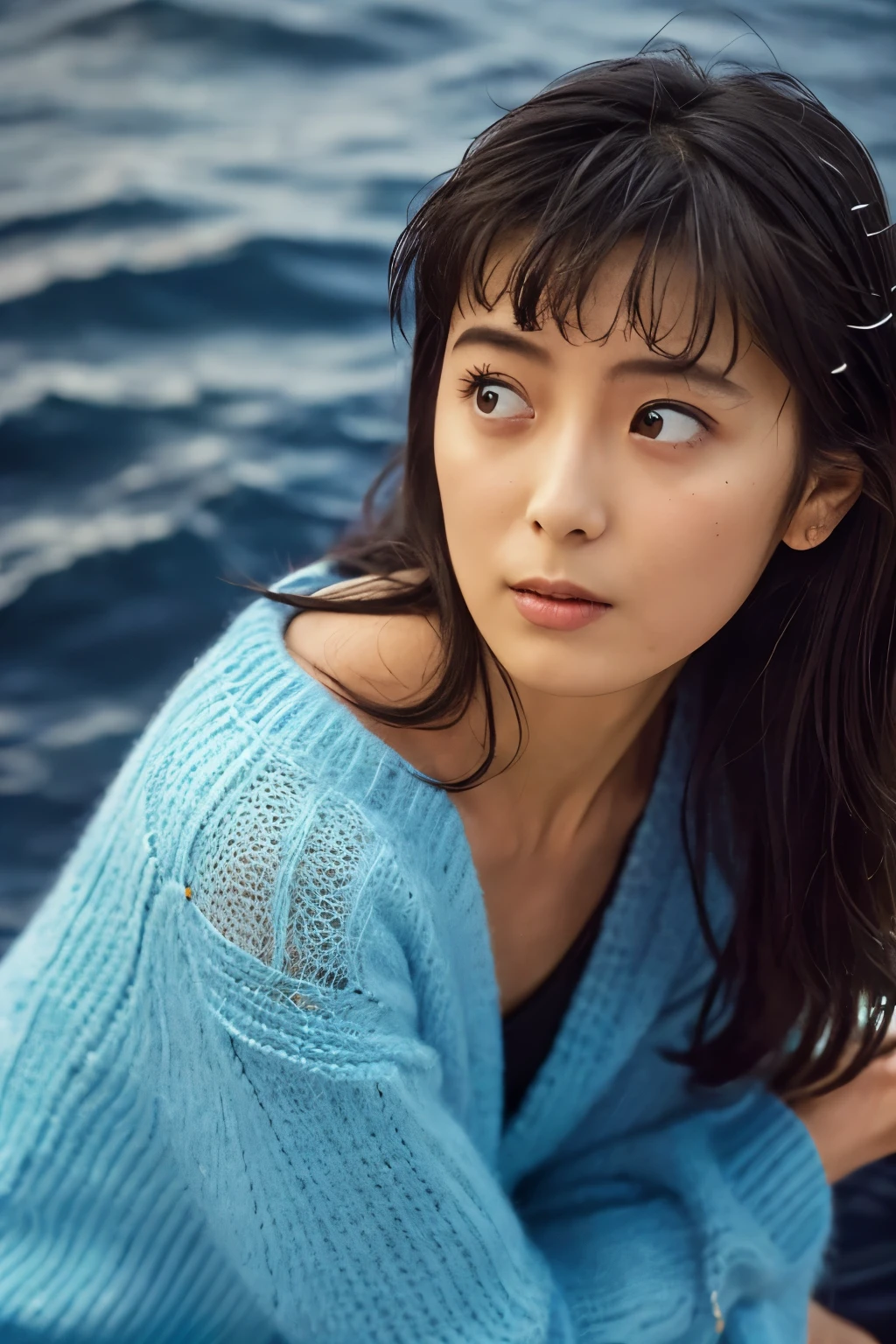 (knitwear), (top-quality, masterpiece:1.3, Super high resolution), (Photorealsitic:1.4, RAW shooting), Ultra-realistic capture, A highly detailed, high-definition 16K for human skin, Wistful, A skinny Japanese woman, 30 years old, cute face, ((Sadness face)), detailed face, detailed eyes, ((correct anatomy)), A dark-haired, Middle hair, ((Background of the sea in a starry night)), (((looking up afar at starry sky))), hair blowing in the wind