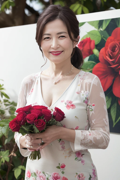 elegant mature japanese woman, 1 woman, married woman, long eyelashes, low ponytail, flowing hair, red lipstick, blush cheeks, pearl necklace, earrings, heavy eyeshadow, cleavage, colorful dress, beautiful body, beautiful smile, rose background, full body focus, (best quality,4k,8k,highres,masterpiece:1.2),ultra-detailed,(realistic,photorealistic,photo-realistic:1.37),HDR,UHD,studio lighting,ultra-fine painting,sharp focus,physically-based rendering,extreme detail description,professional,vivid colors,bokeh,portrait