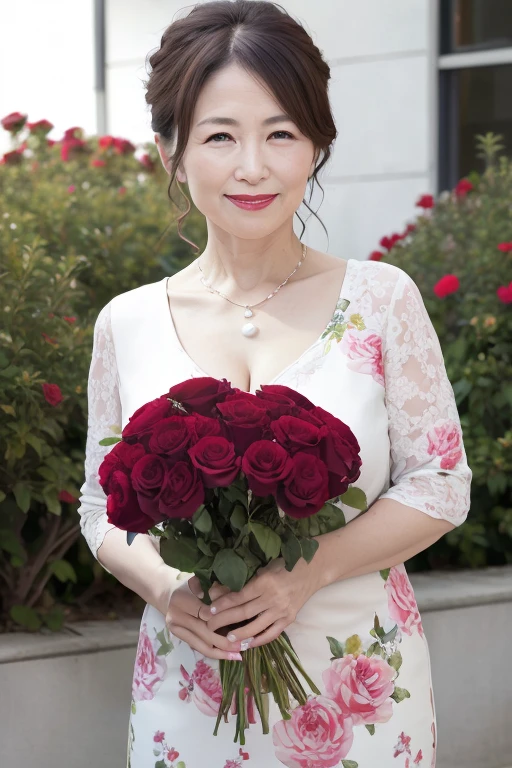 Beautiful mature 55 year old Japanese woman, Married women, Fine Lines, Long eyelashes, Shining Eyes, Low Ponytail, Red lipstick, smile, elegant, Gorgeous figure, Pearl Necklace, summer, summer服, Cleavage, Low-cut blouse, Floral print slit skirt, Holding a bouquet of roses, whole body, Photo shoot at the Rose Garden, (Highest quality,4K,8K,High resolution,masterpiece:1.2),Very detailed,(Realistic,photoRealistic,photo-Realistic:1.37),High resolution,超High resolution,Studio Lighting,Ultra-fine painting,Sharp focus,Physically Based Rendering,Very detailed説明,Professional,Vibrant colors,Bokeh,Portraiture
