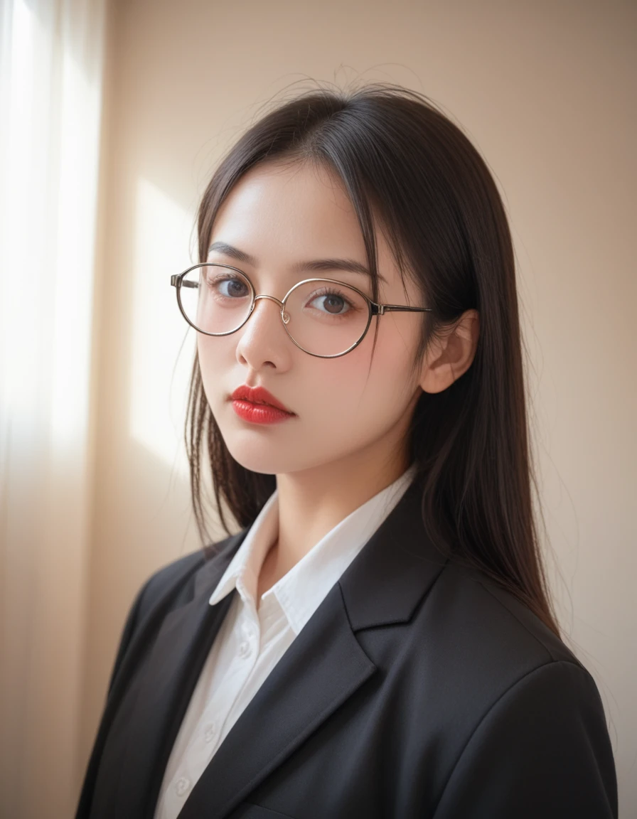 score_9,score_8_up,score_7_up,8k,Close-up portrait of a young East Asian woman with long black hair and round gold-rimmed glasses. She is wearing a black suit jacket. Her expression is serious, looking directly at the camera. Pale skin with red lips. Background is blurred, suggesting an indoor setting. Soft, natural lighting. High-resolution, detailed image with sharp focus on the face