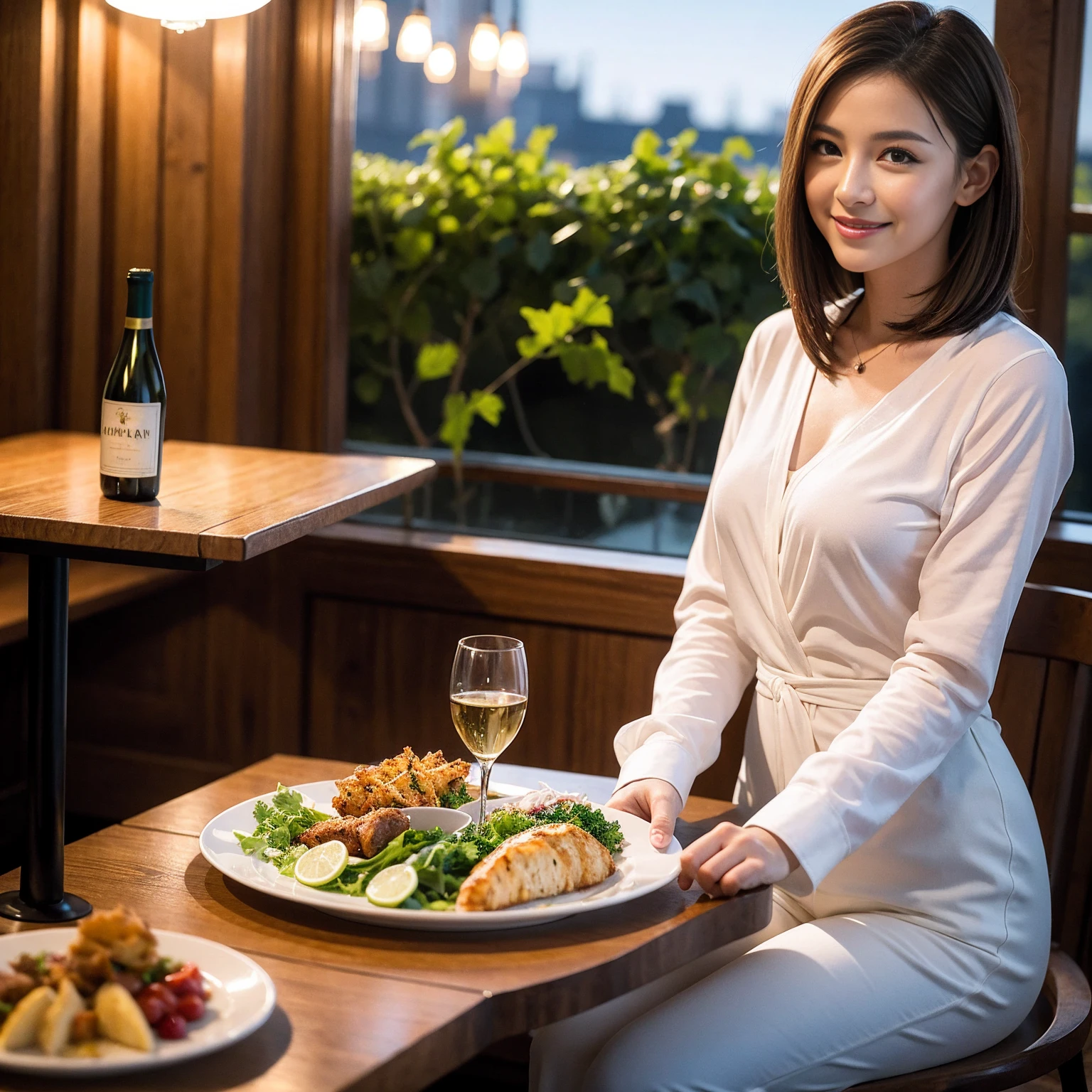 ((Highest quality、8K、masterpiece:1.3))、slimカップル、Pink rubber、modelカップル、(Realistic, Intricate details:1.2), full-course dinner、Wine Party、Amazing view of the sunset sky and clouds、A bright smile、The wonderfulness of smile、Bright image、The beauty of wine, Beautiful Face, blue eyes, The light shines on your face, Blushing, short hair,Bright Face、 (Age 37), 39 years old, red wine 、Appetizers、Italian food、Wine bottle、Champagne、sparkling wine、Two beauties、Brown Hair、Shortcuts、Long sleeve shirt、dress、Beautiful woman 1, (slimな顔), (The body is slim), (Brown Hair), (Shortcuts), cheeks turn a little red,Attractive beauty、restaurant, In a prominent place (From the waist up) Nova Frog Style, actress, model, Upper Body, White wine, slim, wine glass, 中央に置かれたwine glass, smile, (smile: 1.15), Beautiful fine grain, Depth f/2,saturation, High Contrast, Strong light and shadow,Moist Body:1.5、3D texture、Delicate eyes、Brown Hair、The hair is very shiny、
