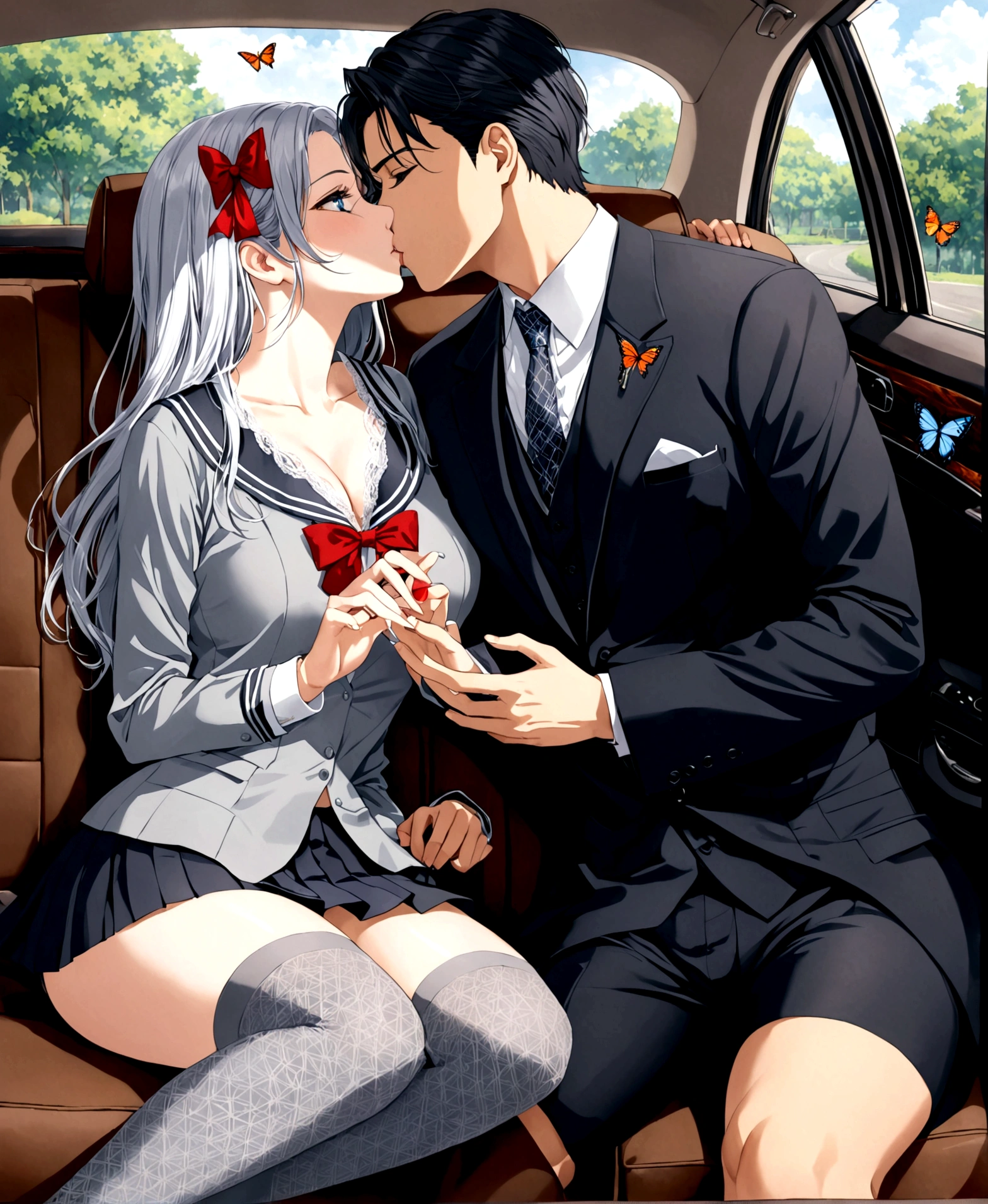 A beautiful women, /(shapely legs, perfect hips, beautiful and perfect eyes, white skin, detailed and perfect tapered hands, perfect and detailed fingers, triangular face, thin nose, hourglass shaped body, Big chest, sexy,), /(school uniform, grey v-neck blouse with lace and neckline, black short skirt with pleats and butterfly patterns, grey knee-high stockings with diamond patterns, red bow,) in a car, in a car, in the back seat, lying down, fogged up windows, kissing with an youbg man, 21 years old, /(formal suit, rings on fingers,), on top of the man riding him, frontal focus, 