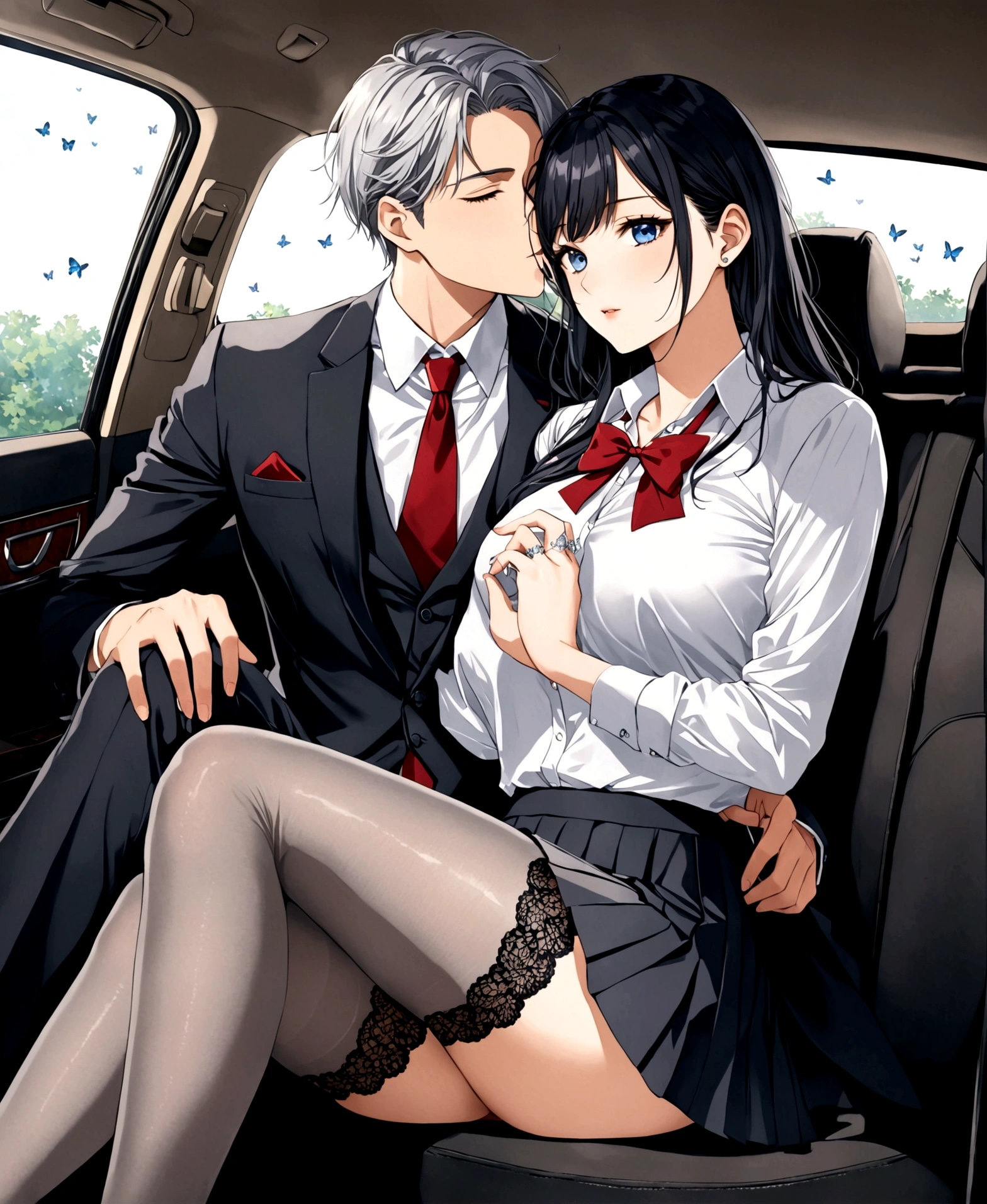 A beautiful women, /(shapely legs, perfect hips, beautiful and perfect eyes, white skin, detailed and perfect tapered hands, perfect and detailed fingers, triangular face, thin nose, hourglass shaped body, Big chest, sexy,), /(school uniform, grey v-neck blouse with lace and neckline, black short skirt with pleats and butterfly patterns, grey knee-high stockings with diamond patterns, red bow,) in a car, in a car, in the back seat, lying down, fogged up windows, kissing with an youbg man, 21 years old, /(formal suit, rings on fingers,), on top of the man riding him, frontal focus,