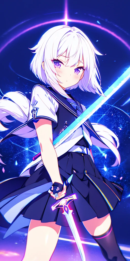 colorful, 1girl, white hair, purple eyes, dual wielding, sword, holding sword, blue flames, glow, glowing weapon, light particles, wallpaper, chromatic aberration,