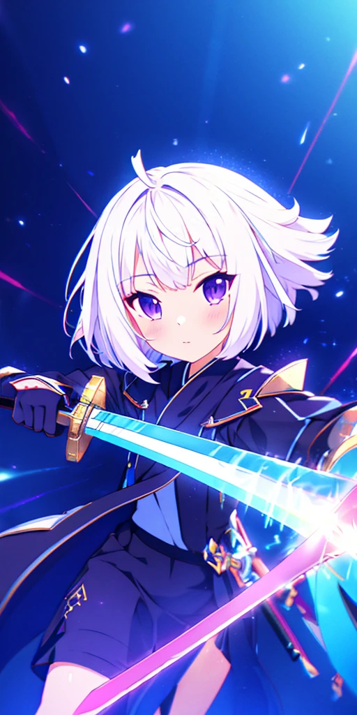 colorful, 1girl, white hair, purple eyes, dual wielding, sword, holding sword, blue flames, glow, glowing weapon, light particles, wallpaper, chromatic aberration,