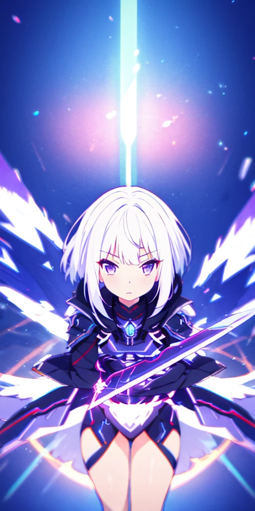 colorful, 1girl, white hair, purple eyes, dual wielding, sword, holding sword, blue flames, glow, glowing weapon, light particles, wallpaper, chromatic aberration,