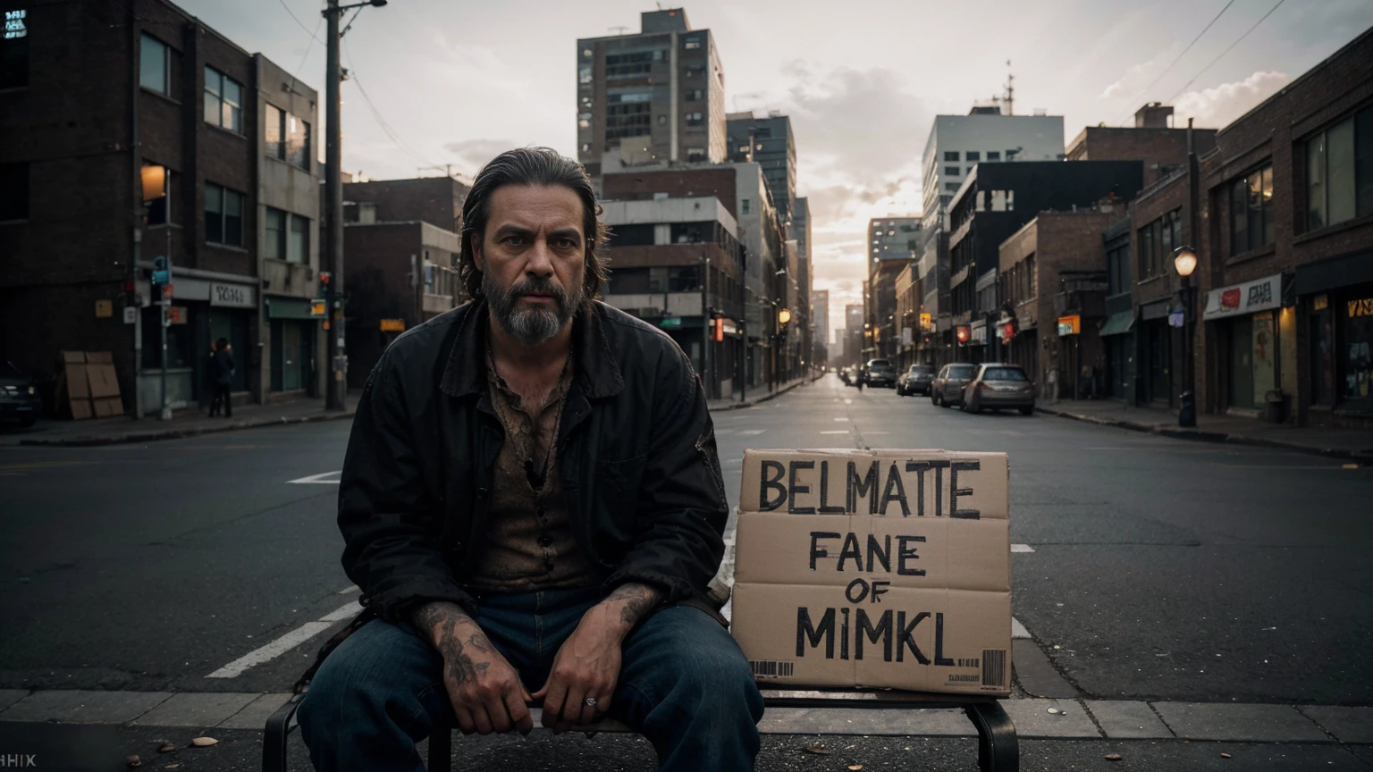 a homeless businessman, bearded man, tattered clothes, holding a cardboard sign, sitting on the street, cityscape in the background, realistic portrait, cinematic lighting, moody atmosphere, warm tones, dramatic shadows, ultra-detailed, (best quality,4k,8k,highres,masterpiece:1.2),ultra-detailed,(realistic,photorealistic,photo-realistic:1.37),dramatic composition,emotional expression,gritty urban setting