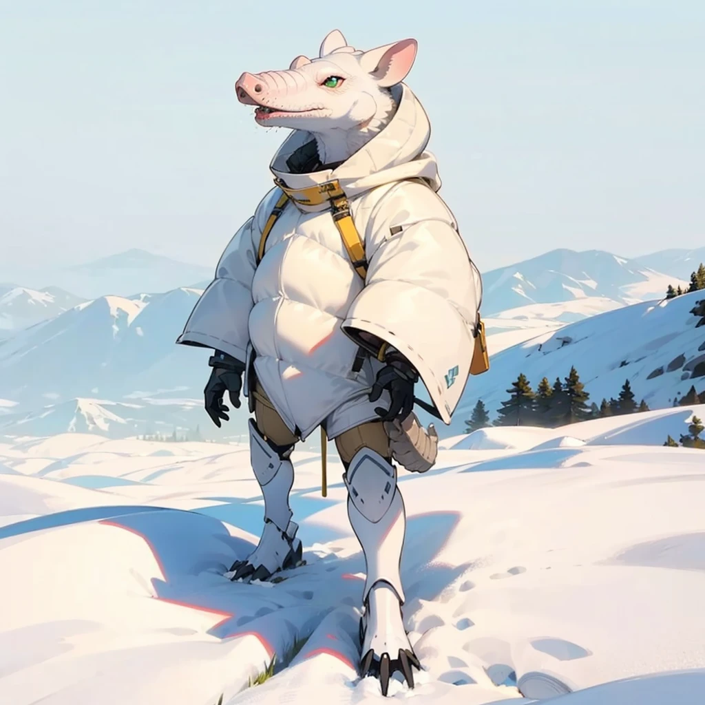 1character, Full body version, white Armadillo mixed with piq, green eyes, gold skins, Grassroots in snow,
