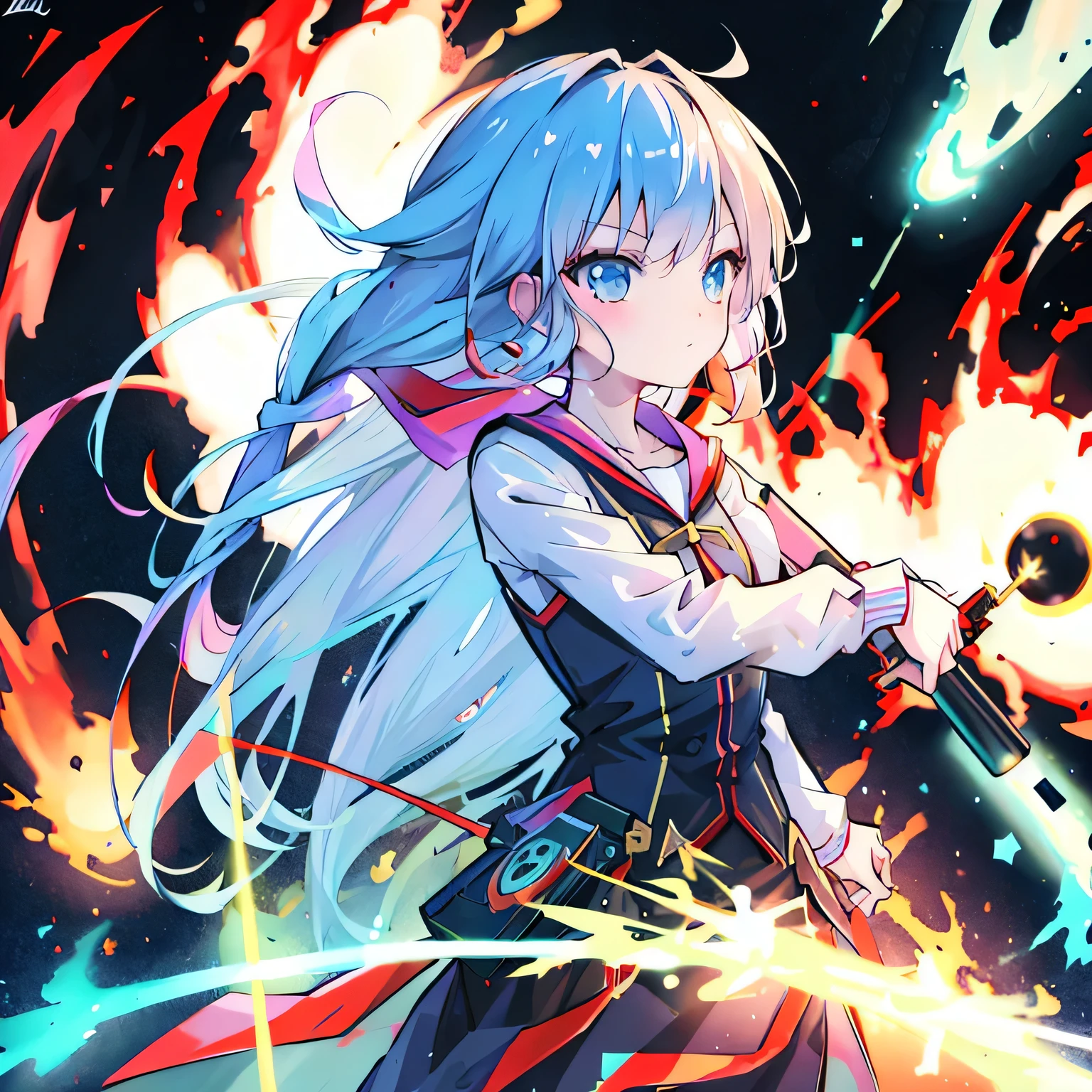 masterpiece, best quality:1.2),anime style:1.8, 1girl, solo, Ultra-detailed, best quality,High saturation, flame, gradient, colorful,magic, vivid colors , two tone hair,