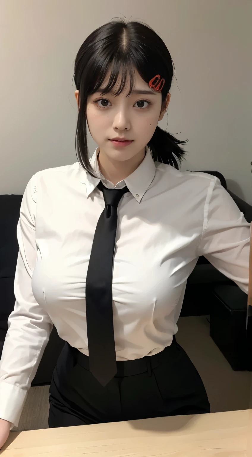 Highest quality、Ultra-high resolution、Professional Lighting、Detailed Background、workroom、whole body,Kobeni-chan、A sloppy smile、25-year-old woman、beautiful girl、(Kobeni-chan、Jet Black Hair, Black Hair, bangs, One-sided hair,)、(Red Hair Clip:1.1)、(White shirt:1.2)+(Black tie:1.2)+(Black work trousers:1.2)、(Breasts so big that they almost burst:1.2)、(Thick thighs:1.1)、Are standing、Model pose