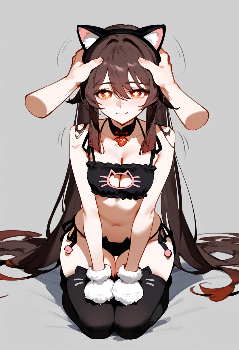 anime artwork, score_9, score_8_up, score_7_up, score_6_up, score_5_up, score_4_up, hu tao, she is 24 years old, style_3, gray background, , , , , _, fake cat ears,, smile, solo, cat lingerie, paw gloves,one disembodied hand on her head, headpat , nervous sweating , motion lines, on knees, cat tail, cat stockings