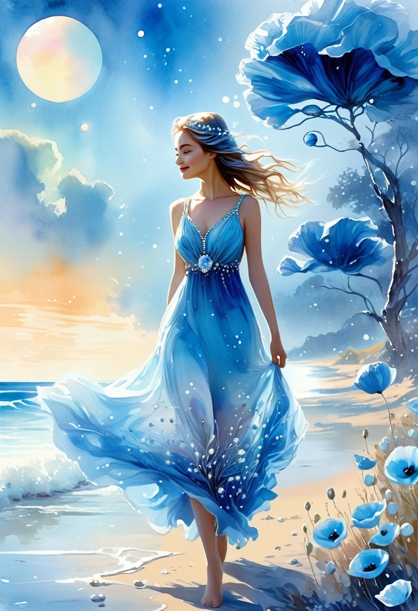 digital watercolor, extraterrestrial space landscape, the rising of jupiter is visible, a girl walks along the seashore, smiling mysteriously, in an ephemeral blue-white translucent dress, a necklace on her neck, pearls in her hair, the shore consists of pearls, in the distance huge, like blue-white trees poppies to the sky, stylized watercolor, azhrograph painting, soft cinematic volumetric light, flowers, floral