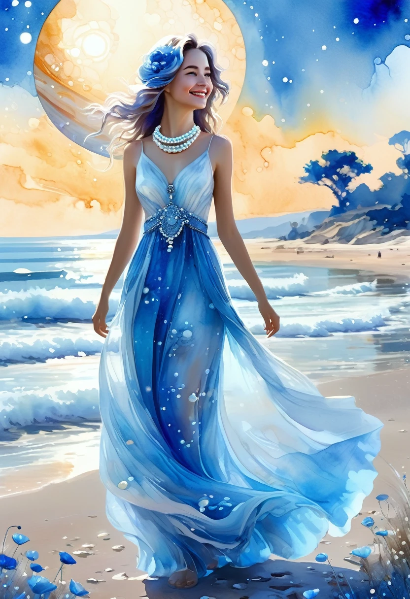 digital watercolor, extraterrestrial space landscape, the rising of jupiter is visible, a girl walks along the seashore, smiling mysteriously, in an ephemeral blue-white translucent dress, a necklace on her neck, pearls in her hair, the shore consists of pearls, in the distance huge, like blue-white trees poppies to the sky, stylized watercolor, azhrograph painting, soft cinematic volumetric light, flowers, floral