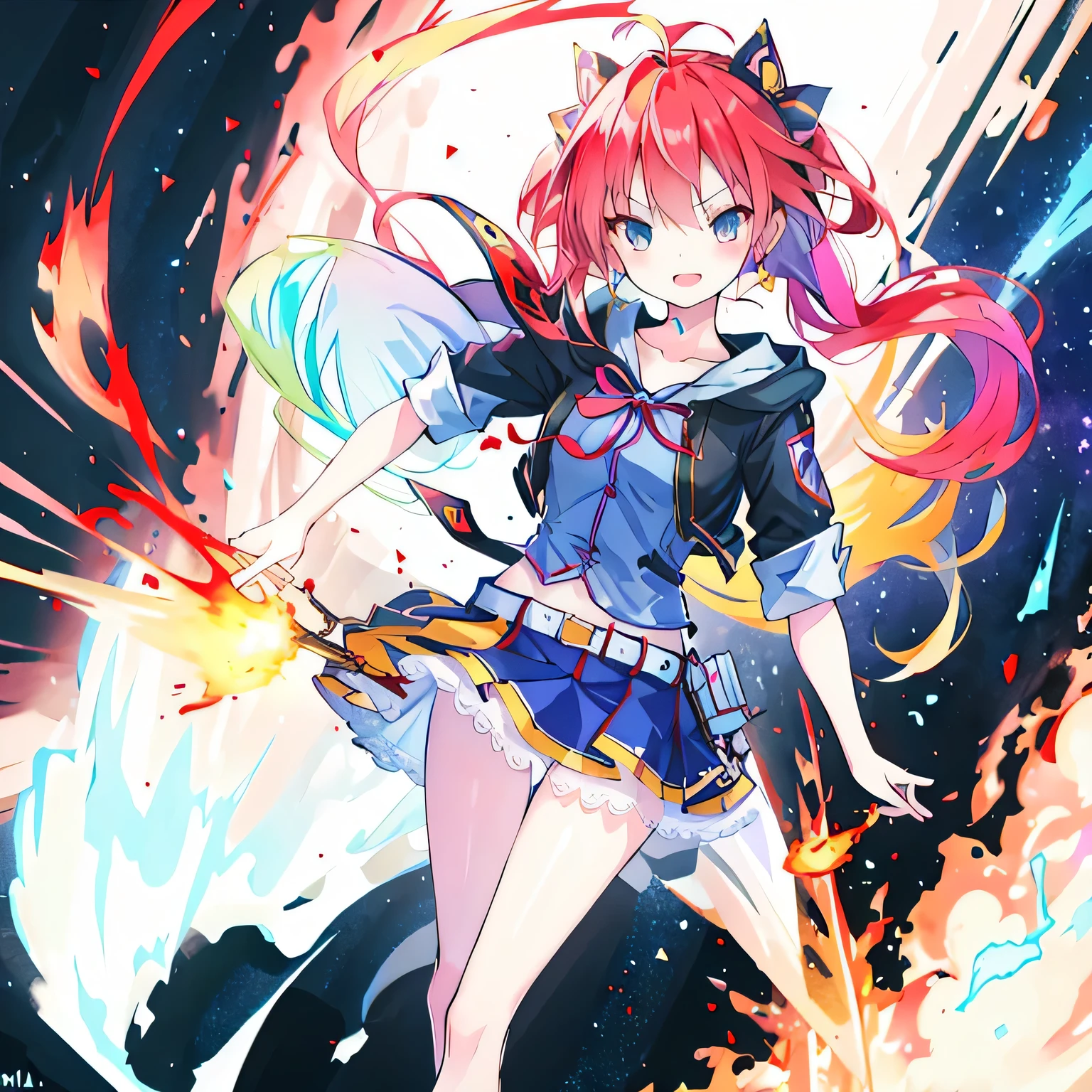 masterpiece, best quality:1.2),anime style:1.8, 1girl, solo, Ultra-detailed, best quality,High saturation, flame, gradient, colorful,magic, vivid colors , two tone hair,