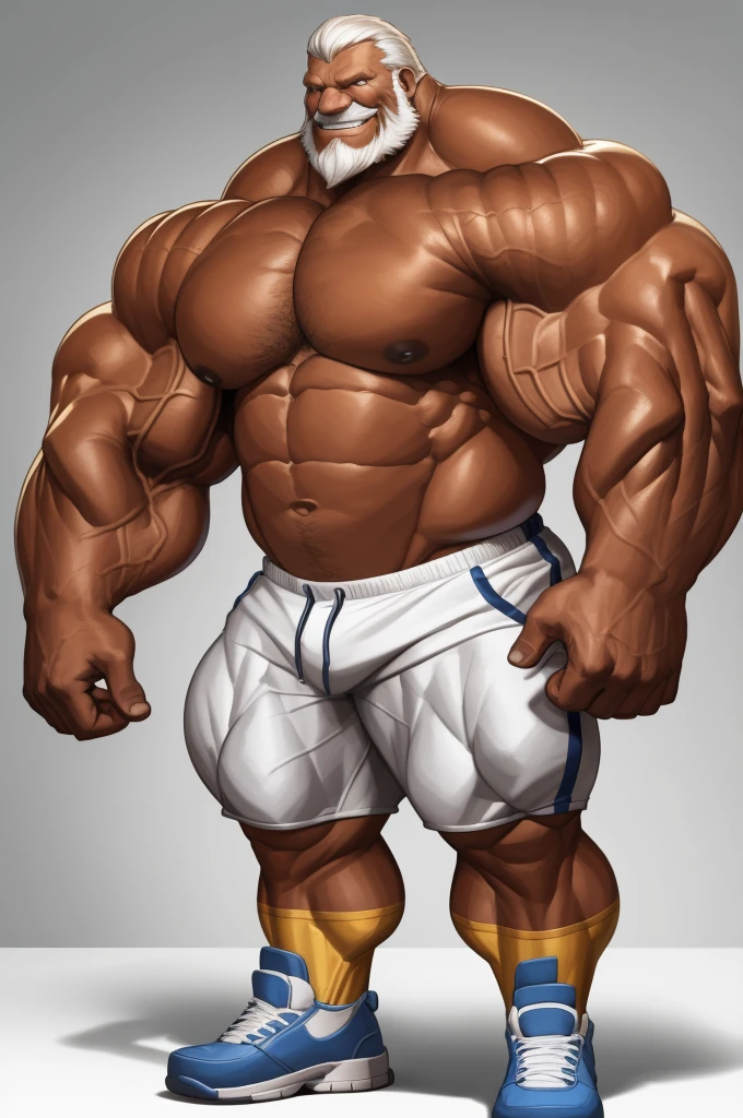solo, 1boy, perfect anatomy, perfect proportion, smile, grinning, big eyes, happy. Bulging muscle:1.2, Huge Muscular Old man wearing corwn and king cloack with short hair ,(white shorts), view from side, pectoral, thick arms, huge pectoral, wide pectoral, white hair, white beards, simple background, masterpiece, semirealistic:1.2, high detailed, 8k, high resolution, perfect center, full view. ((really big muscle, massive muscular, thick arms, wide pectoral, super huge muscle, hyper muscular, over sized muscle, huge arms, big arms, huge pectoral)), shoes