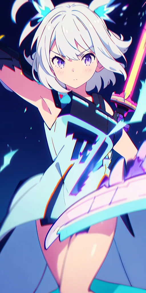 colorful, 1girl, white hair, purple eyes, dual wielding, sword, holding sword, blue flames, glow, glowing weapon, light particles, wallpaper, chromatic aberration,