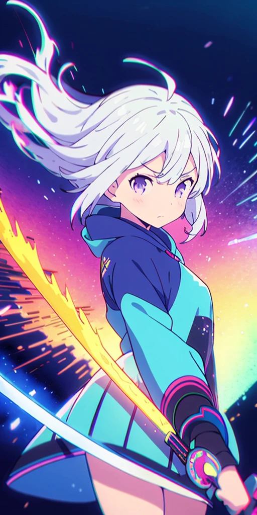 colorful, 1girl, white hair, purple eyes, dual wielding, sword, holding sword, blue flames, glow, glowing weapon, light particles, wallpaper, chromatic aberration,