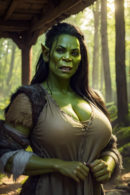 Young orc woman, big fangs, female orc, (green skin) , peaceful expression, dirty clothes and hair, wool and fur clothes, (wearing linen dress), bone jewelry, big body, muscular, big sagging breasts, forest background, natural lighting, highly detailed, 4k, photorealistic, dramatic lighting, cinematic, fantasy art, ultra high quality, sharp Focus, orczor, shewoworc