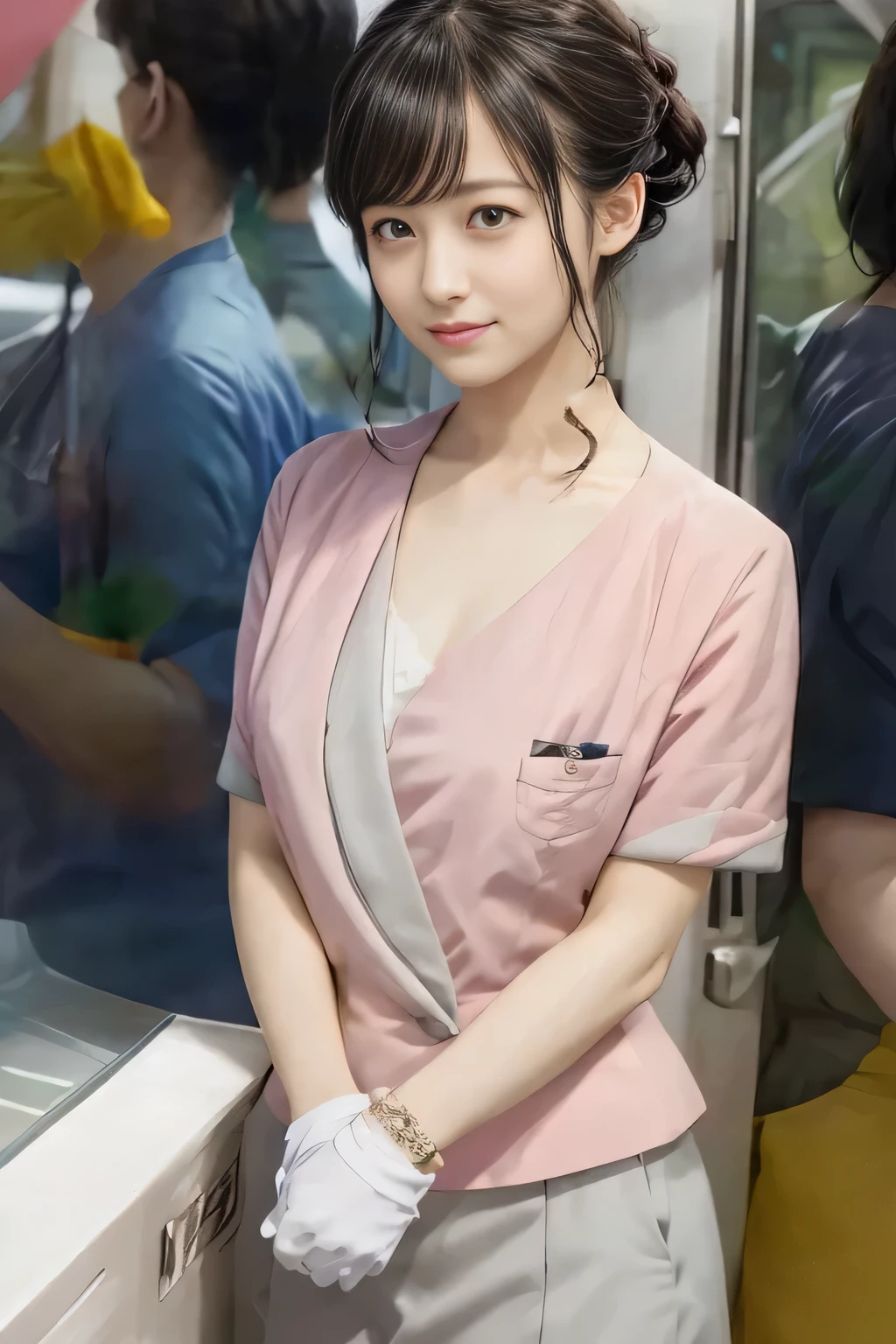 (masterpiece:1.2, Highest quality:1.2), 32k HDR, High resolution, (alone、1 girl)、 (Height: 160cm)、(On the rooftop of a building in the daytime、Professional Lighting)、Building rooftop background、(Nankai train crew uniform pinkを着たリアルスタイル)、(Nankai train crew uniform pink short sleeve collarless pink jacket、Nankai Train Crew Uniform Pink Collarless Short Sleeve Blouse、Nankai Train Crew Uniform Pink Grey Knee-length Culottes)、(The pink jacket is showing from the culottes.)、Dark brown hair、(Hair tied up、Hair tied up、Evening curly hairstyle)、Dark brown hair、Long Shot、Big Breasts、Thin legs、((Great hands:2.0)),((Harmonious body proportions:1.5)),((Normal limbs:2.0)),((Normal finger:2.0)),((Delicate eyes:2.0)),((Normal eyes:2.0)))、smile、(Nankai Train Crew Uniform Pink Grey Knee-length Culottesを見せた美しい歩く姿)、Place your hands around your stomach