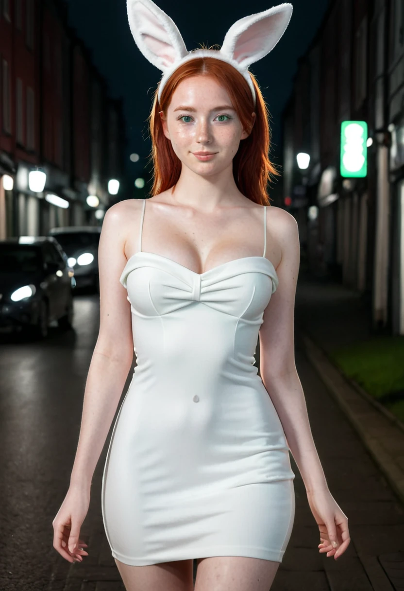 high quality instagram photo, full body of a Scandinavian girl, 20 years old, red hair, sexy, green eyes, freckles, cute face, (large breasts in topless), big ass in a very hot, short, topless, tight white dress, detailed bunny ears, night street, standing