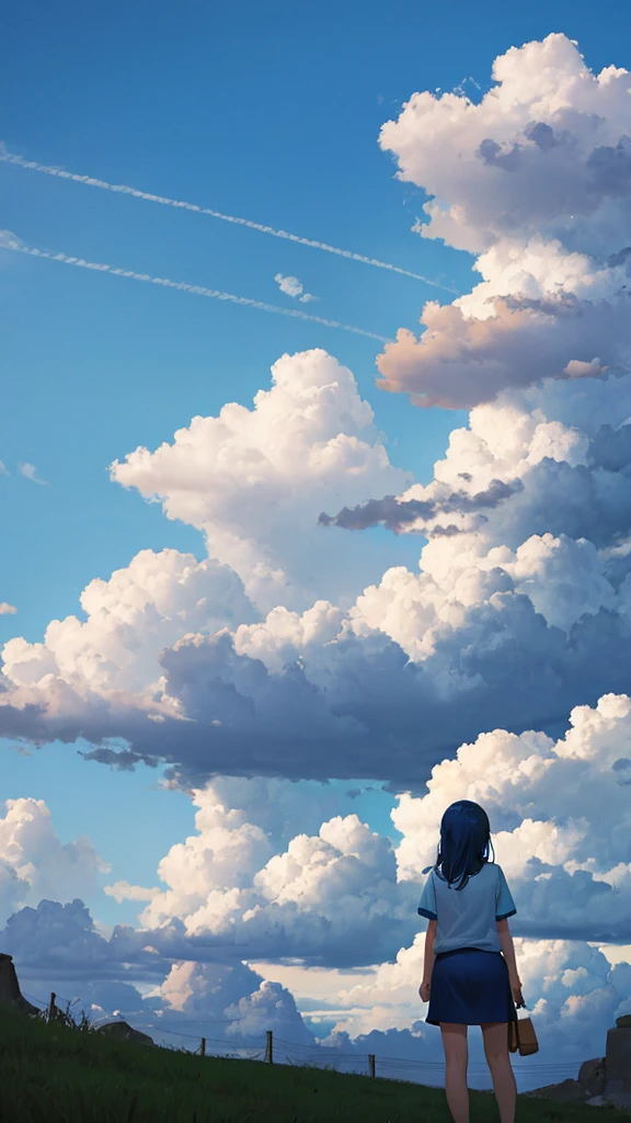 Blue sky with white clouds top of the hill Back view of a woman in casual clothes An illustration