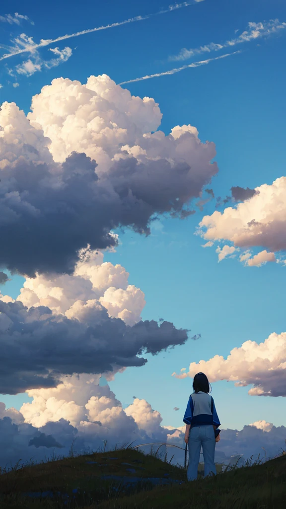 araffe walking on a bridge with a cloudy sky in the background, girl clouds, by Alexis Grimou, cloudy weather, on a cloudy day, by Sven Erixson, among the clouds, she is approaching heaven, giant clouds, by irakli nadar, running and falling on clouds, standing on a cloud, by Steven Belledin