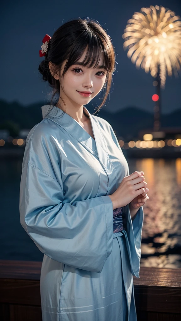 night、A glamorous atmosphere、firework、Dull light blue yukata、Cotton kimono、stylish (night景、night、smile)、night空、bangs、No makeup、(masterpiece、8K,RAW Photos、High resolution:1.4)、girl'Her calm expression is accentuated by her soft facial expression..。 Canon EOS R6 Mark II and Sigma 50mm f/2.Use in combination with 8/1.4 DG HSM Art Lens、シーンのあらゆるニュアンスがHigh resolutionでキャプチャされます。