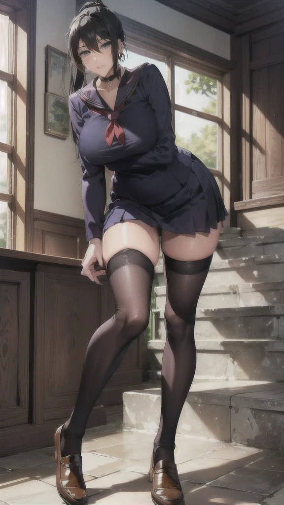 ((Correct Anatomy)),(on stage),(Female ),((school uniform))、((Sailor suit))、(Mini Pleated Skirt),(((Black Stockings))),((School Uniform)),((standing)),Ultra-high resolution,Mature Woman, Mature Woman, Very detailed,Sunburned skin,Brown Skin,((Beautiful legs)), (Big Breasts),((Beautiful feet)),Perfect hands, Detailed fingers, Beautiful details, ((Long Hair)),((ponytail)),Black Choker, Earrings,loafers,Perfect Eyes, Captivating eyes,(School stairs)