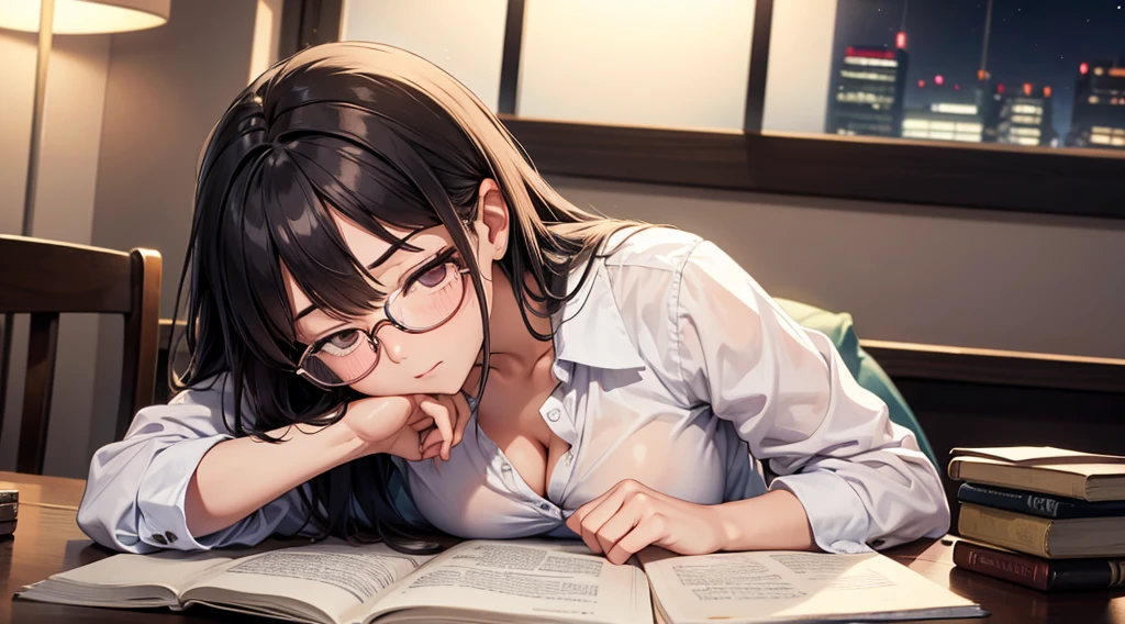 Falling asleep face down while studying at night、A cute girl wearing glasses that accentuate her breasts a little