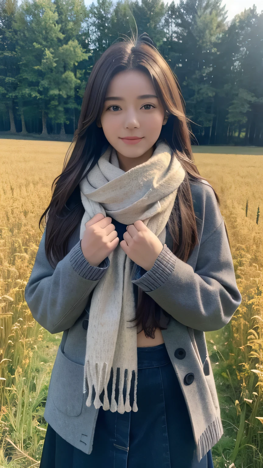 8K, Highest quality, masterpiece, Realistic, Super detailed, photo Realistic, Improvement of quality,
Photo of a girl standing in a field wearing a scarf, The designer's dark and gloomy style, Large chunk, Photobash, Calm face, Jagged Edges,Close-up shot