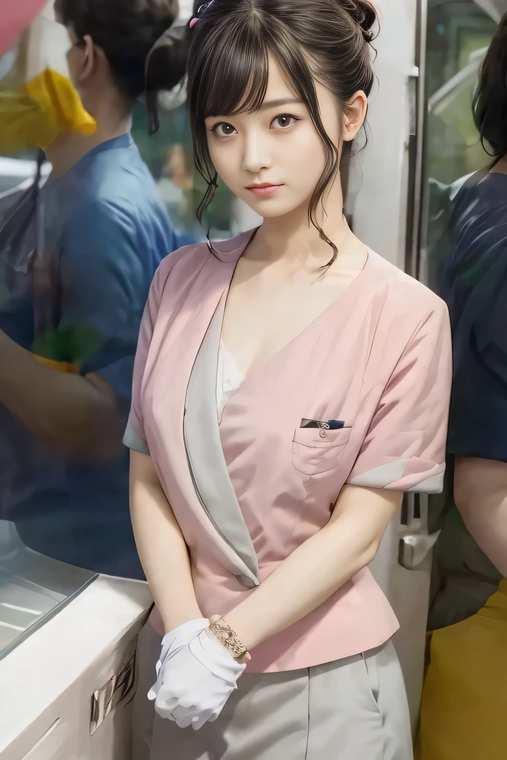 (masterpiece:1.2, Highest quality:1.2), 32k HDR, High resolution, (alone、1 girl)、 (Height: 160cm)、（On the rooftop of a building in the daytime、Professional Lighting）、Building rooftop background、（Nankai train crew uniform pinkを着たリアルスタイル）、（Nankai train crew uniform pink short sleeve collarless pink jacket、Nankai Train Crew Uniform Pink Collarless Short Sleeve Blouse、Nankai Train Crew Uniform Pink Grey Knee-length Culottes）、（The pink jacket is showing from the culottes.）、Dark brown hair、（Hair tied up、Hair tied up、Evening curly hairstyle）、Dark brown hair、Long Shot、Big Breasts、Thin legs、（（Great hands：2.0）），（（Harmonious body proportions：1.5）），（（Normal limbs：2.0）），（（Normal finger：2.0）），（（Delicate eyes：2.0）），（（Normal eyes：2.0））)、smile、（Nankai Train Crew Uniform Pink Grey Knee-length Culottesを見せた美しい歩く姿）、Place your hands around your stomach