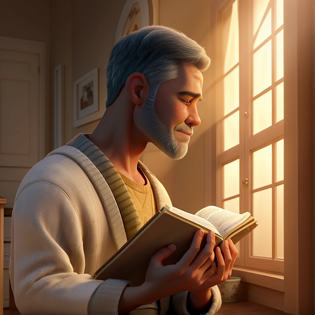 Develop a high-quality digital artwork depicting a middle-aged man, gray-haired, kneeling in her room. This person is deeply emotional,  with eyes closed tears running down his face as he raises his hands in prayer. The bedroom environment should be intimate, with details that suggest an atmosphere of reflection and tranquility, like a soft light coming through the window, delicately illuminating the scene. The person&#39;s closed eyes and facial expression should convey a deep spiritual connection and a moment of vulnerability.