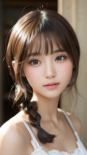 highest quality, realistic, 8K, High resolution, 1 girl, woman, (skin dents), (portrait:0.6), nice, ((white background, naked, small breasts:1.65)), (brown hair, twin tails), looking at the viewer, (1 girl eyes looking at the viewer:1.6), realistic, (Bokeh), (closed mouth, smile:1.3), nice, face to face with the children_V1:1,